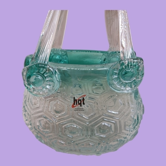HQT hand blown cased handled purse basket turquoise color - Picture 8 of 10